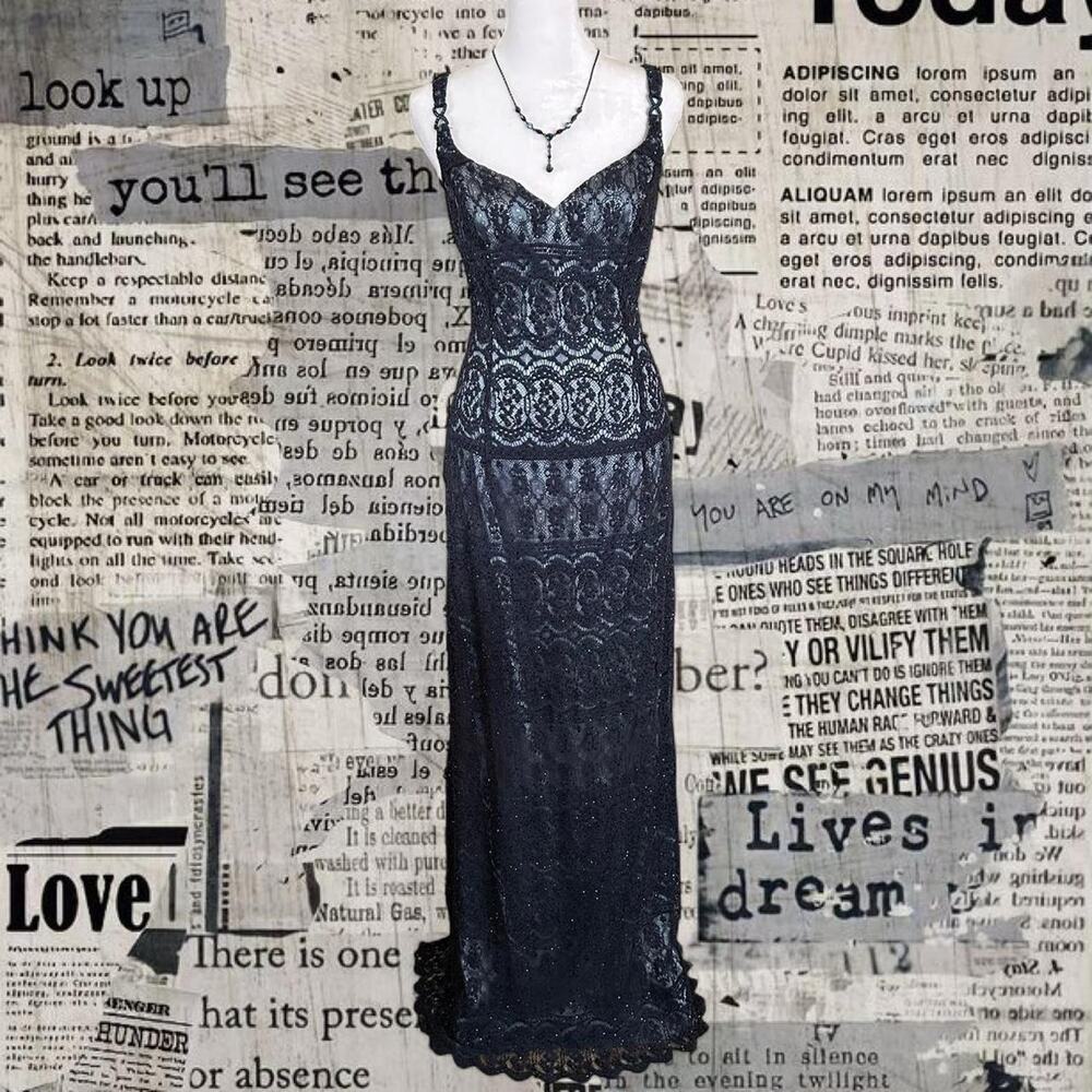 Vintage cache navy lace halter maxi dress with beaded detail and back slit sz 10